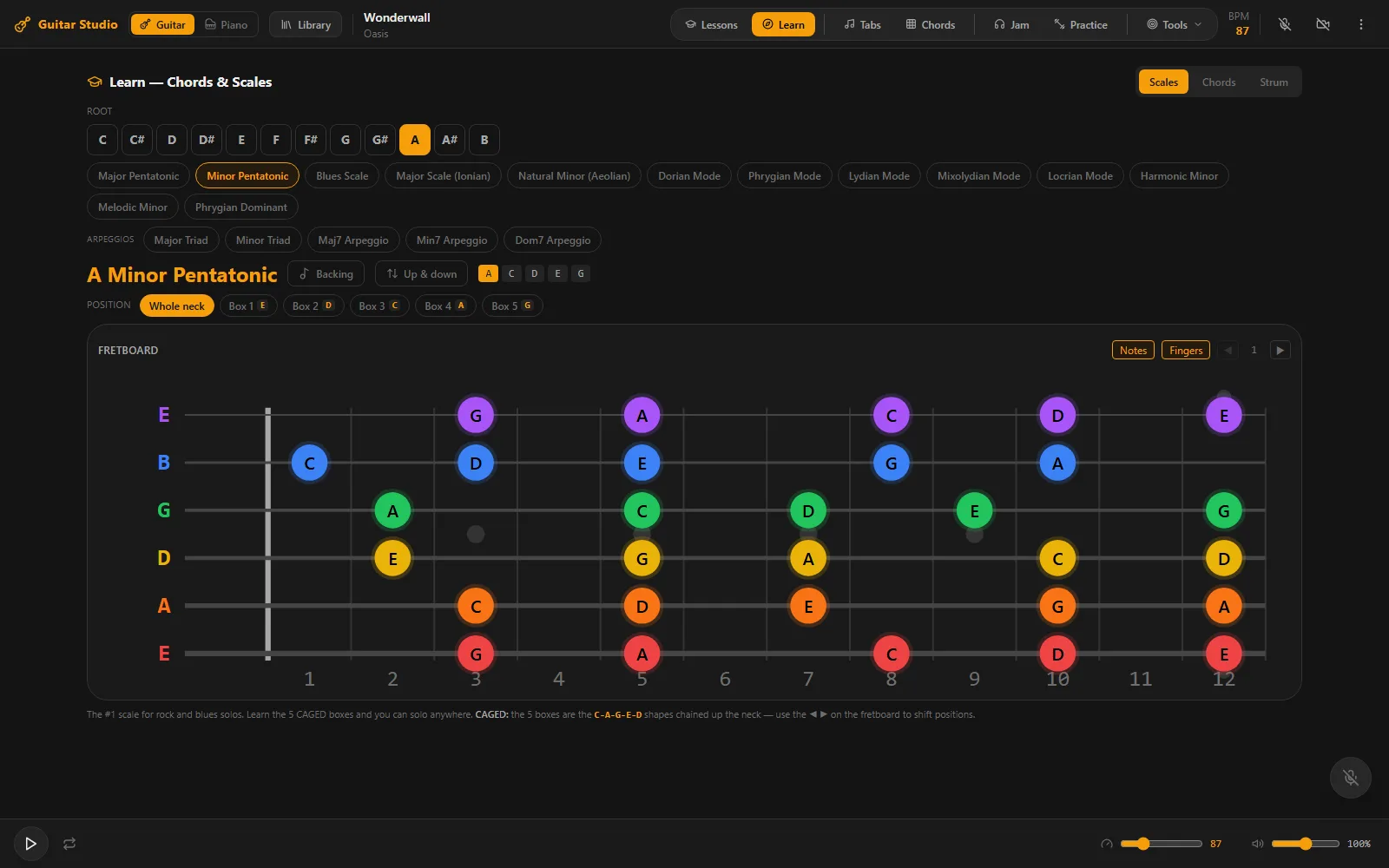 The Guitar Studio showing the A minor pentatonic scale mapped across a twelve-fret fretboard